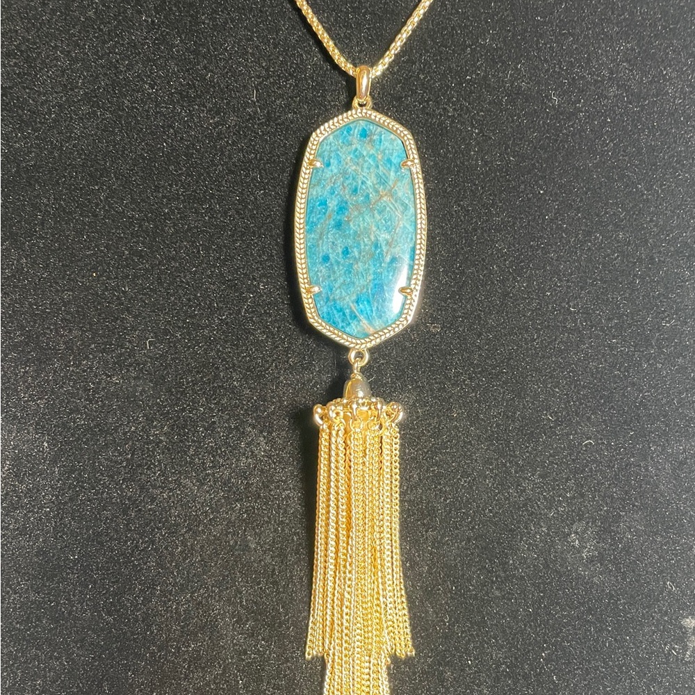 Kendra Scott Rayne Aqua Apatite Gold Long Necklace.